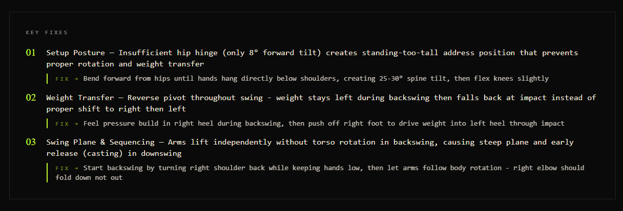 Result screen showing three numbered key fixes for a golf swing
