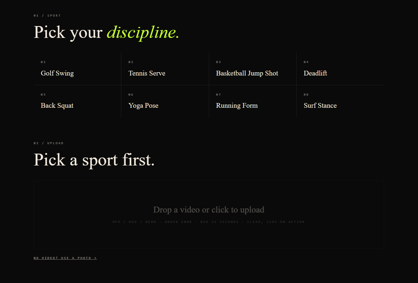 Sport selection screen in the Hone Coach app